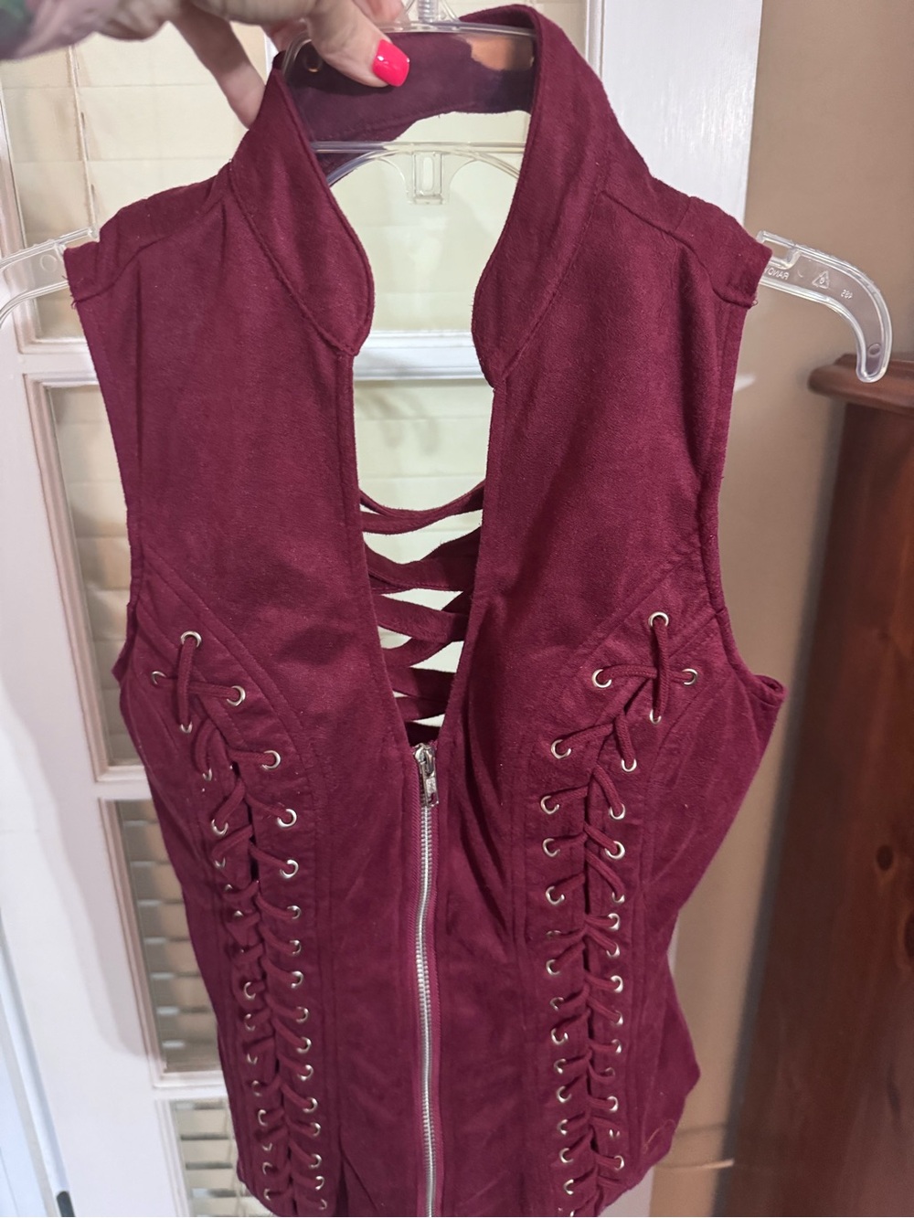 Wine Red Lace-Up Front Vest
